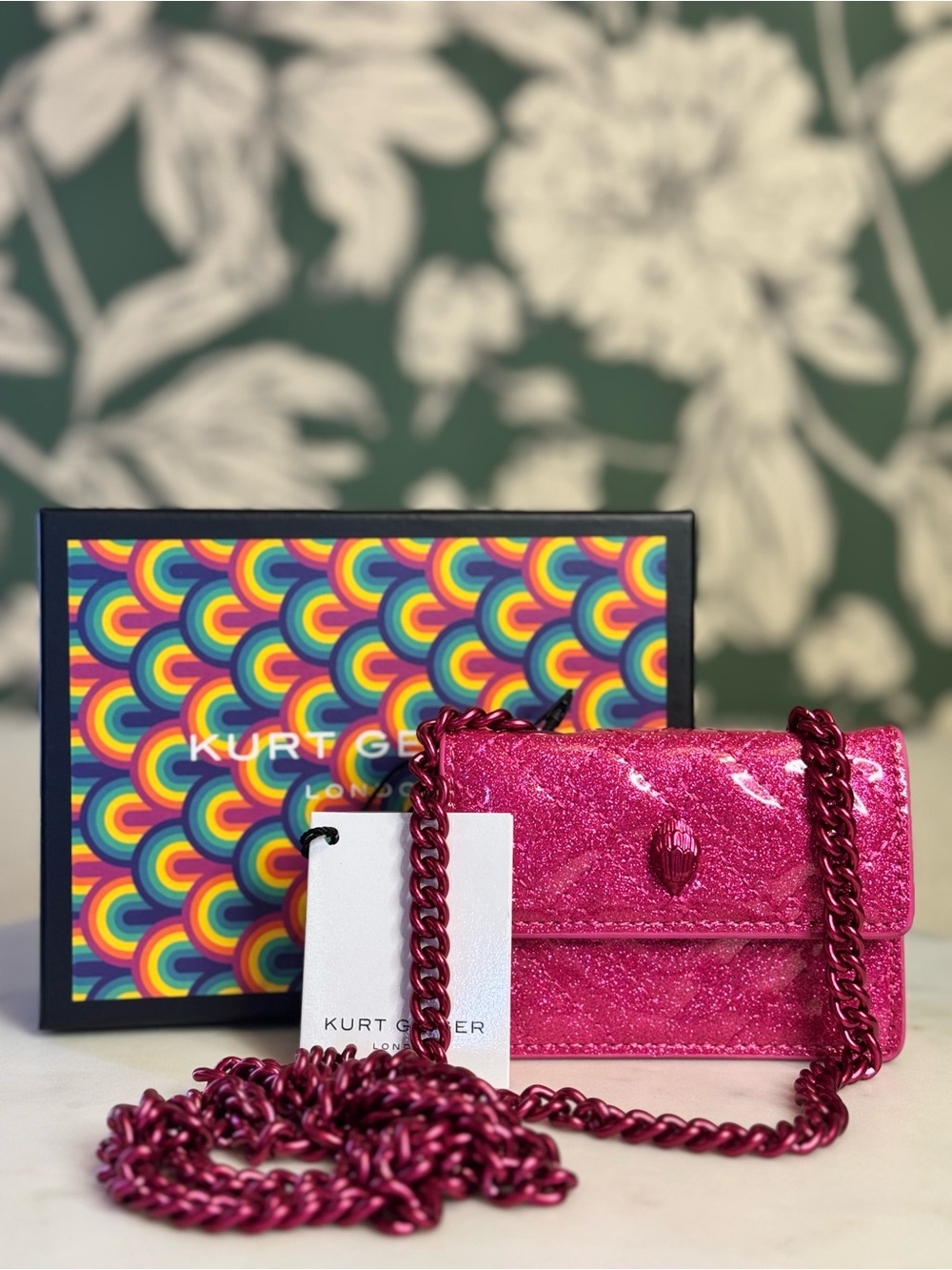 Kurt Geiger Metallic Hot Pink Glitter Chain Crossbody Bag - Pink Chain! NIB